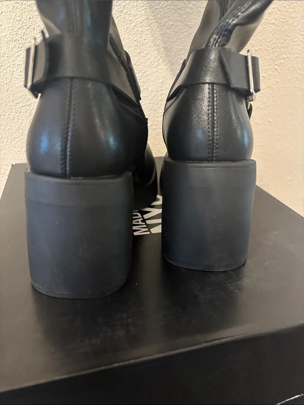 Madden NYC Women’s Black Knee Platform Boots with Buckle Strap 7
